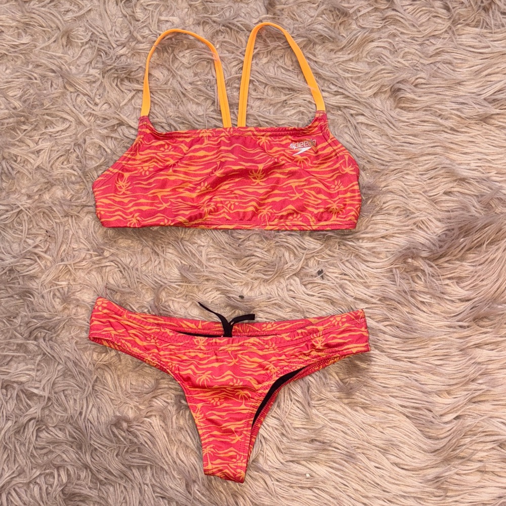 Speedo Orange And Yellow Patterned Two-Piece Trai… - image 1